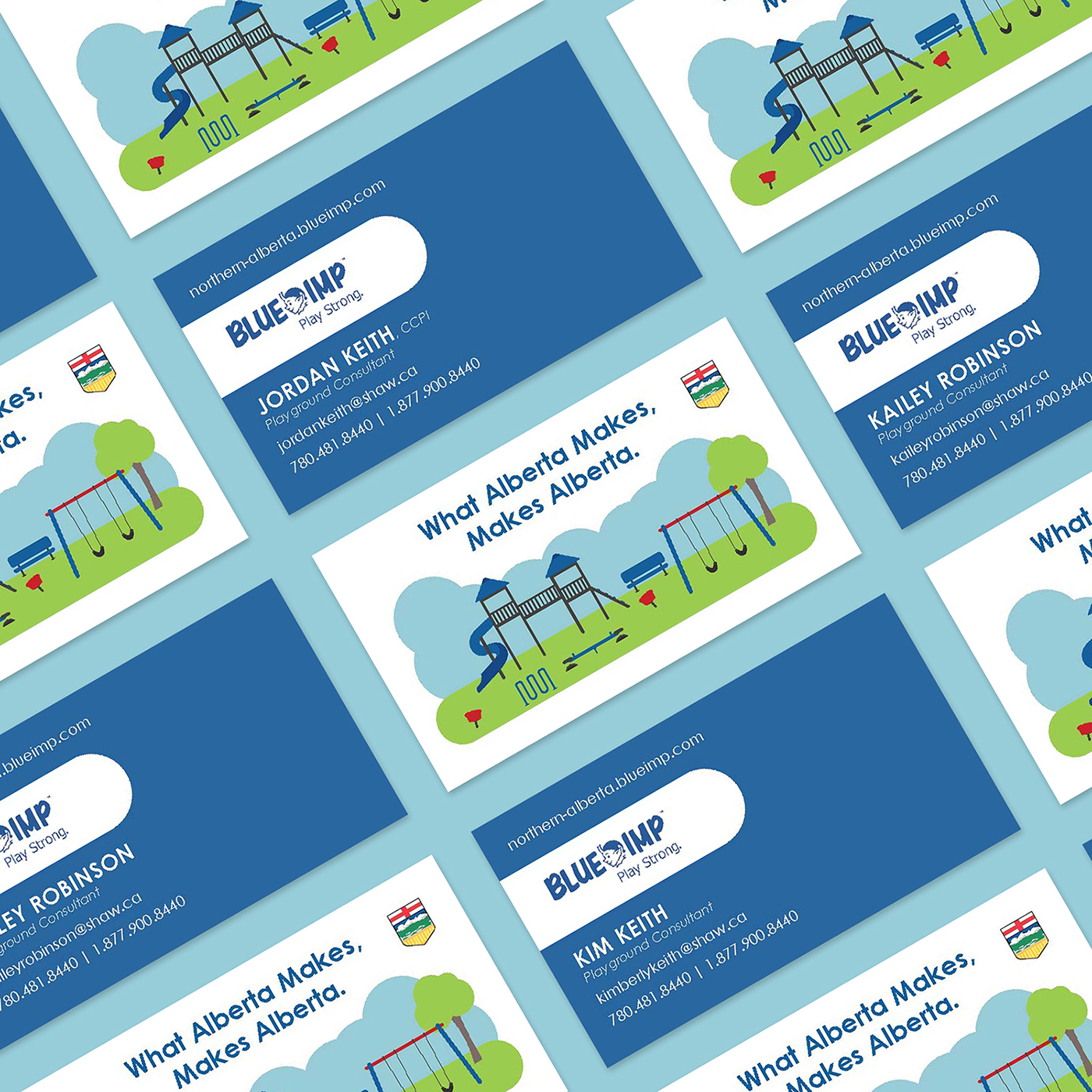Blue Imp business cards repeating horizontally.