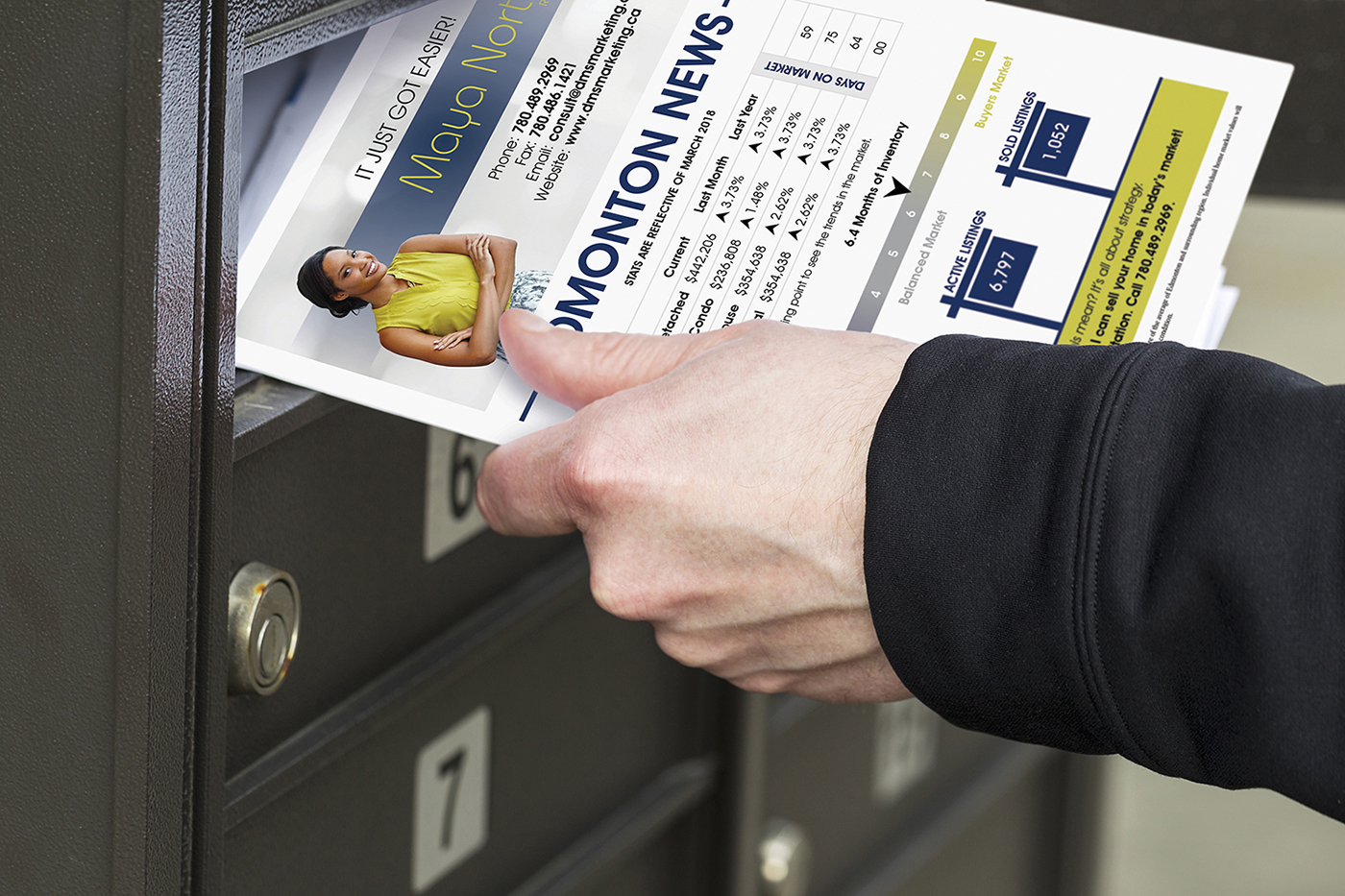 Person receiving business builder brochure from mailbox. 