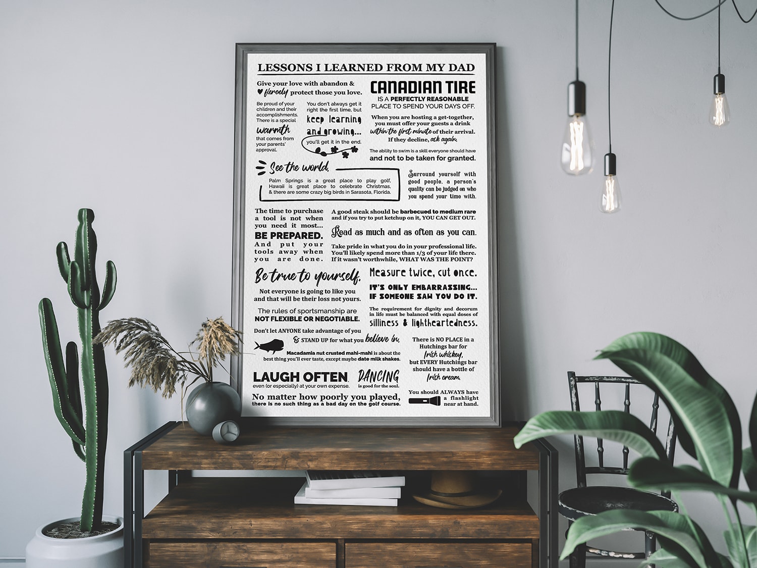 Life lessons poster in grey frame.