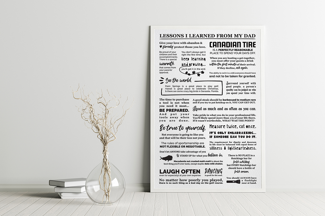Life lessons poster in white frame.
