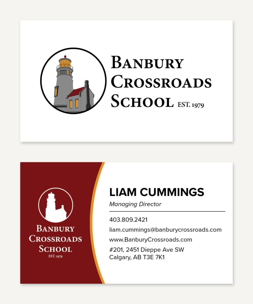 Front and back of Banbury Crossroads School business card
