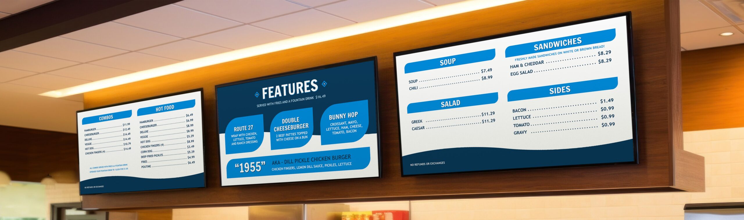 70th Anniversary branded menu screens in cafeteria