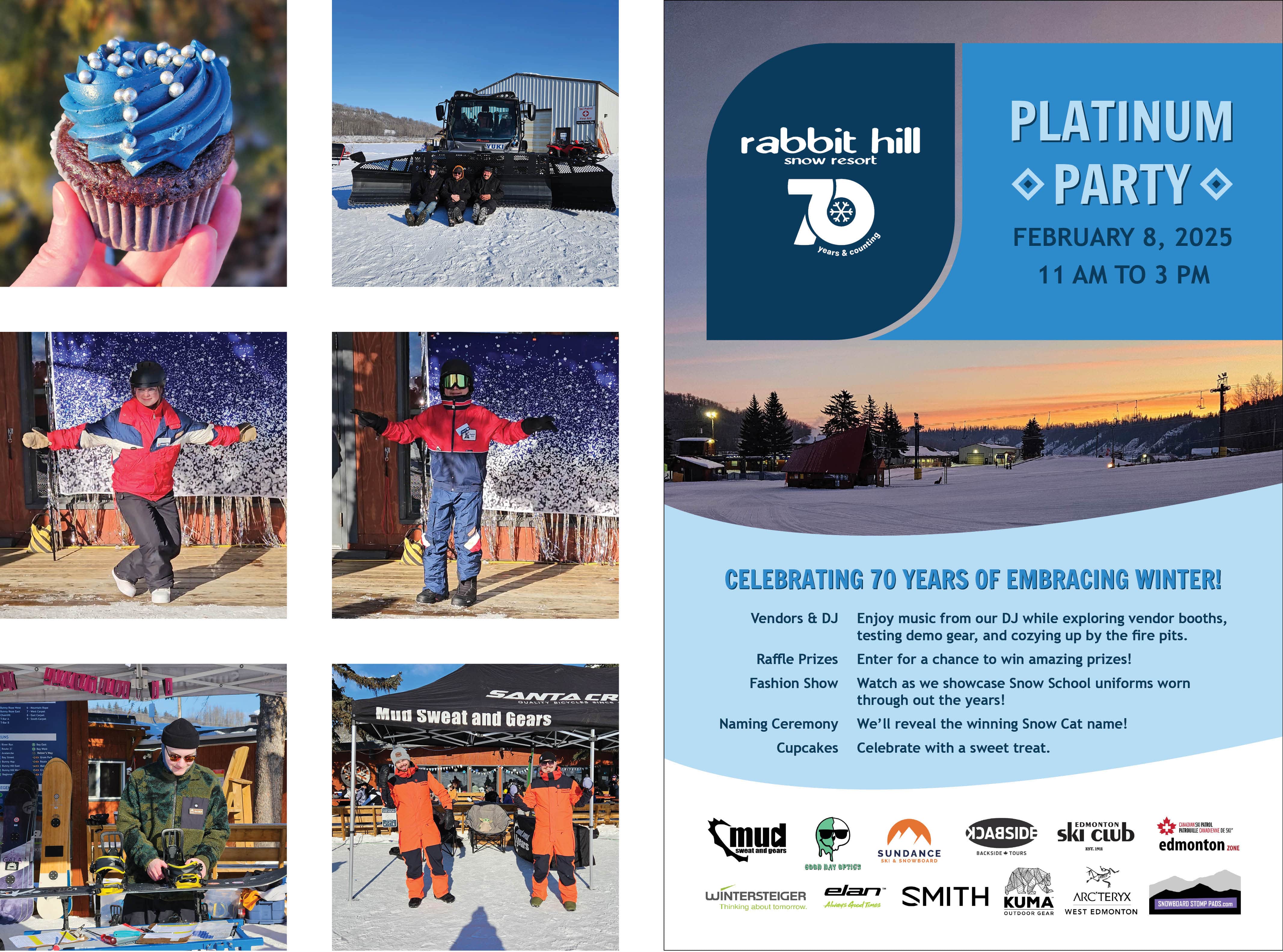 Photo collage of Rabbit Hill's 70th Anniversary Platinum Party. Including photos of event and event poster.