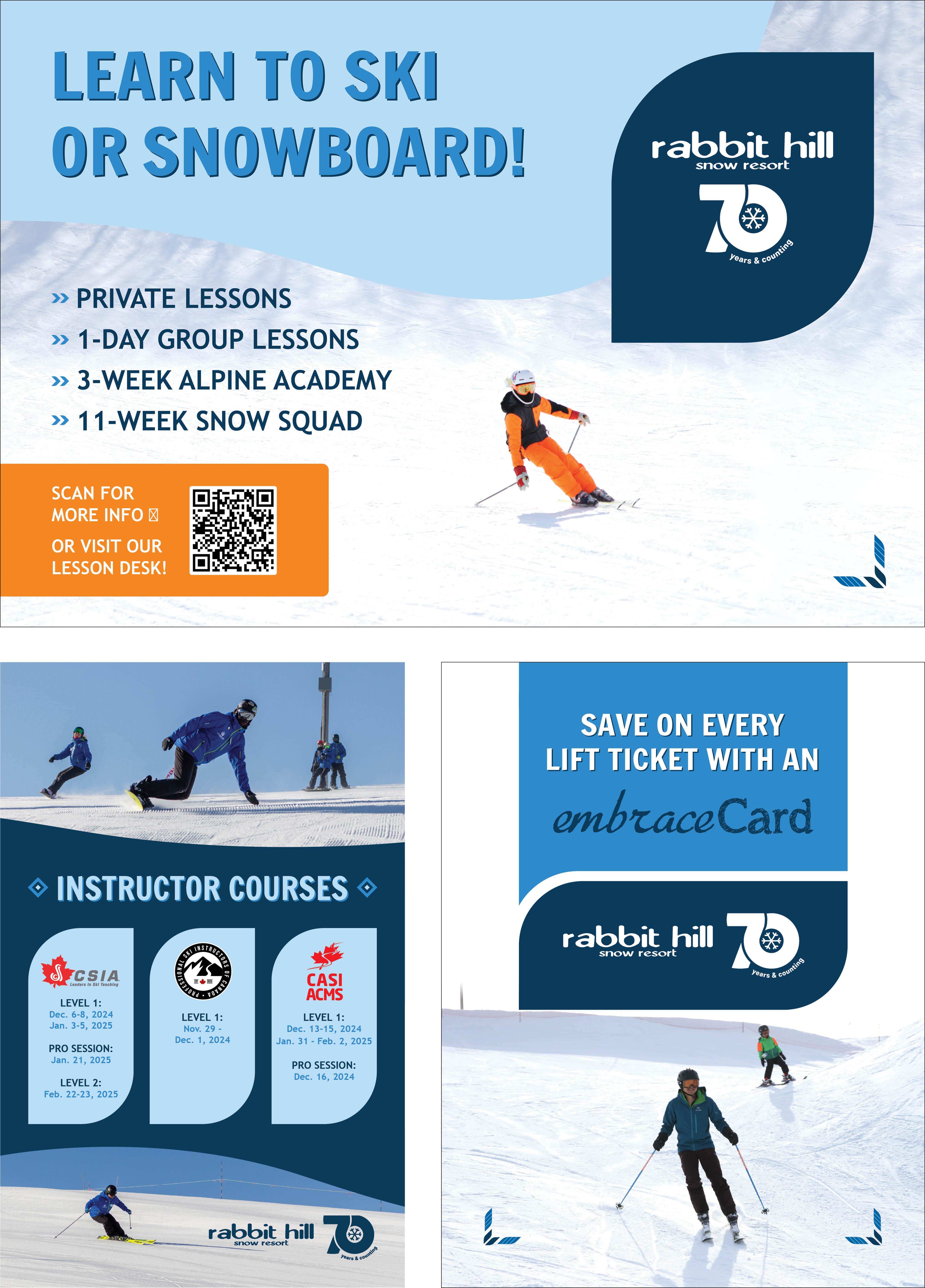 70th Anniversary branded posters, including: Learn to Ski or Snowboard, Instructor Courses, Embrace Card.