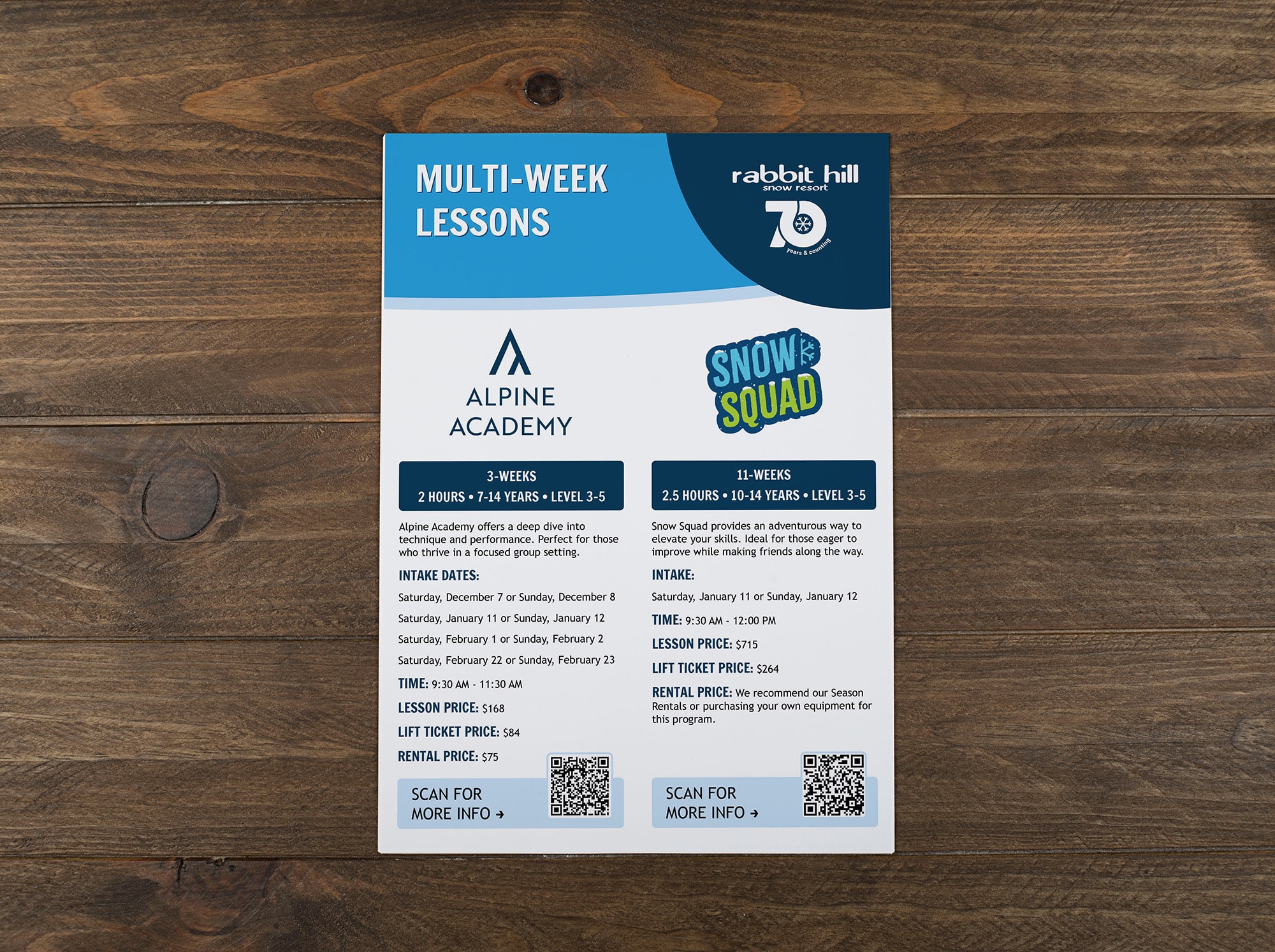 Alpine Academy & Snow Squad Lesson Program Logos used on a Lesson Info Sheet